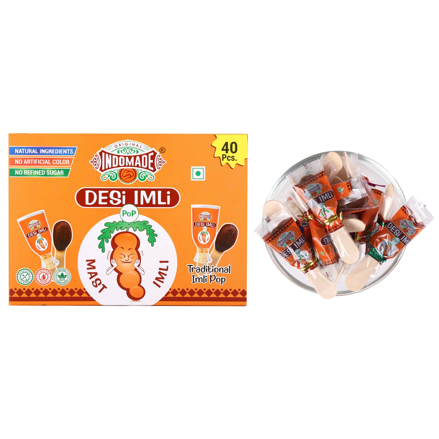 Indomade Desi Imli Pop Traditional Treat | Sweet & Spicy Tamarind Candy | 40 Pcs