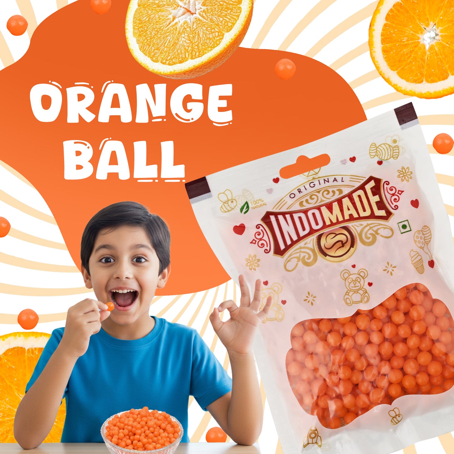 Indomade Orange Fruit Ball Candy – Crunchy & Fruity Bite-Sized Treats