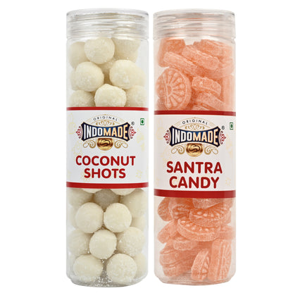 Orange And White Santra Candy Coconut Shot After Meal Pack Mouth Freshner Khatta Meetha Candy 250G Of 4 Jar