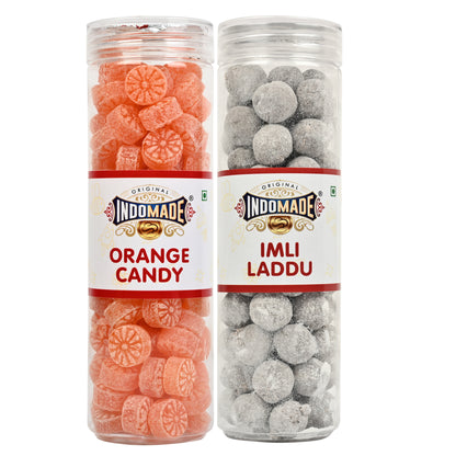 Indomade Imli Laddu and Orange Candy | Mouth Freshener Khatta Meetha Candy | 250G After Meal Pack Of 2