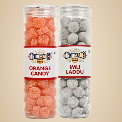 Indomade Imli Laddu and Orange Candy | Mouth Freshener Khatta Meetha Candy | 250G After Meal Pack Of 2