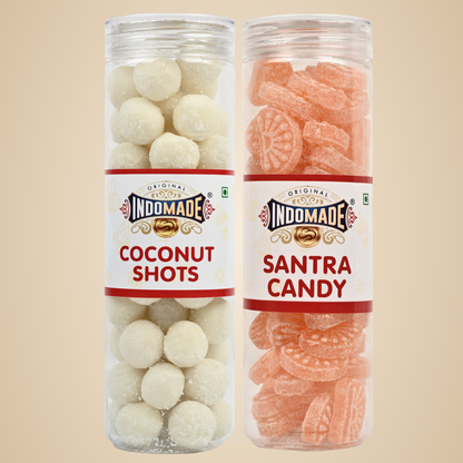 Orange And White Santra Candy Coconut Shot After Meal Pack Mouth Freshner Khatta Meetha Candy 250G Of 4 Jar