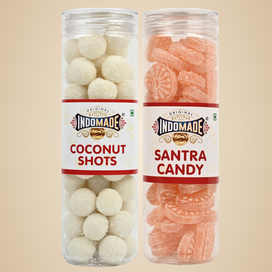 Orange And White Santra Candy Coconut Shot After Meal Pack Mouth Freshner Khatta Meetha Candy 250G Of 4 Jar