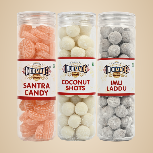 Indomade Coconut Shot | Santra Candy | Imli Laddu |After Meal Mouth Freshener | 250G Pack Of 3 Flavors