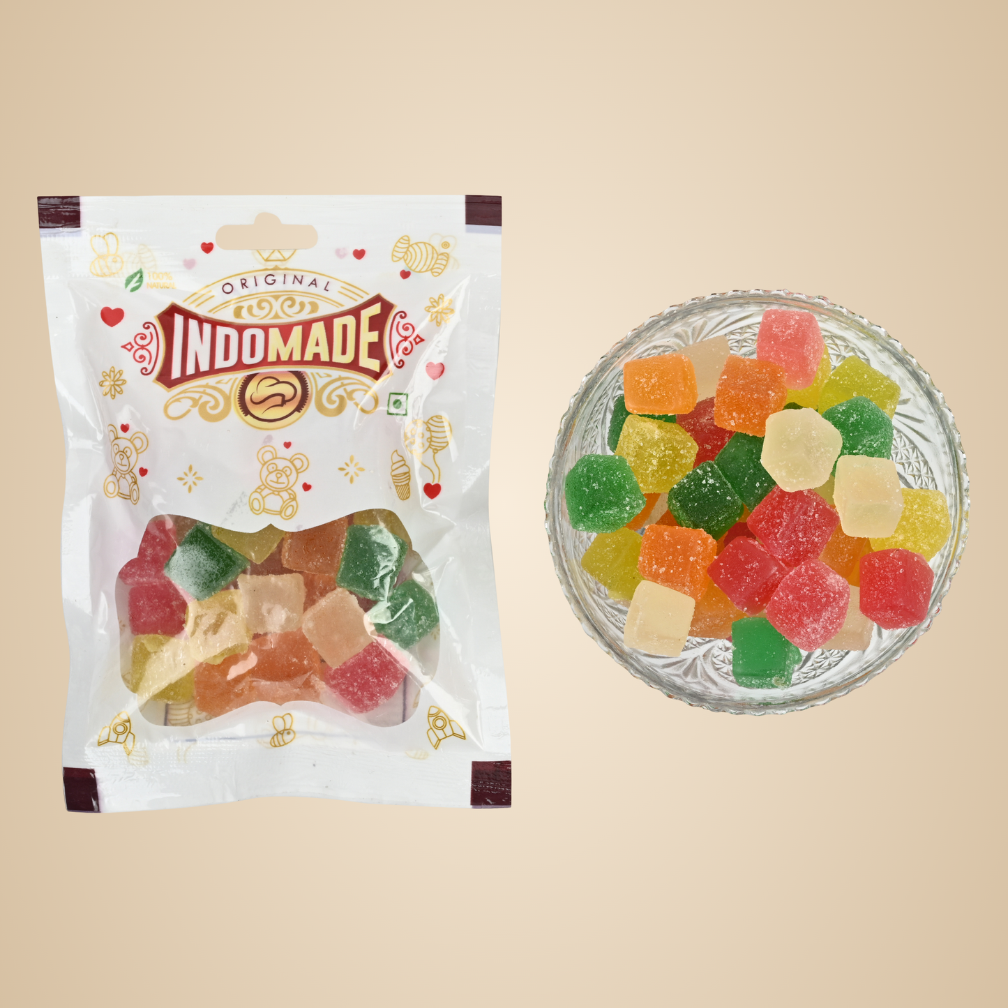 Indoamde Original Mix Fruit Jubjub | Small Jelly Candy | Flavour Mango Orange Lithi Guava Strawberry 100 G Premium Small Packing | Multicolor